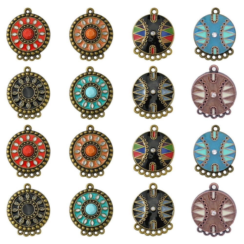 4436 16 pcs 8 Styles Antique Bronze Bohemian Round Theme Enamel Alloy